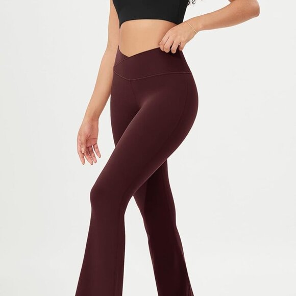 Women's Burgundy Cloud Feeling Crossover Flared Yoga Pants with Back Pocket, Hig - Picture 3 of 7